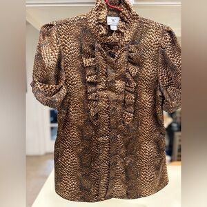 Worthington Brown & Black Ruffle-Front Short Sleeve Blouse